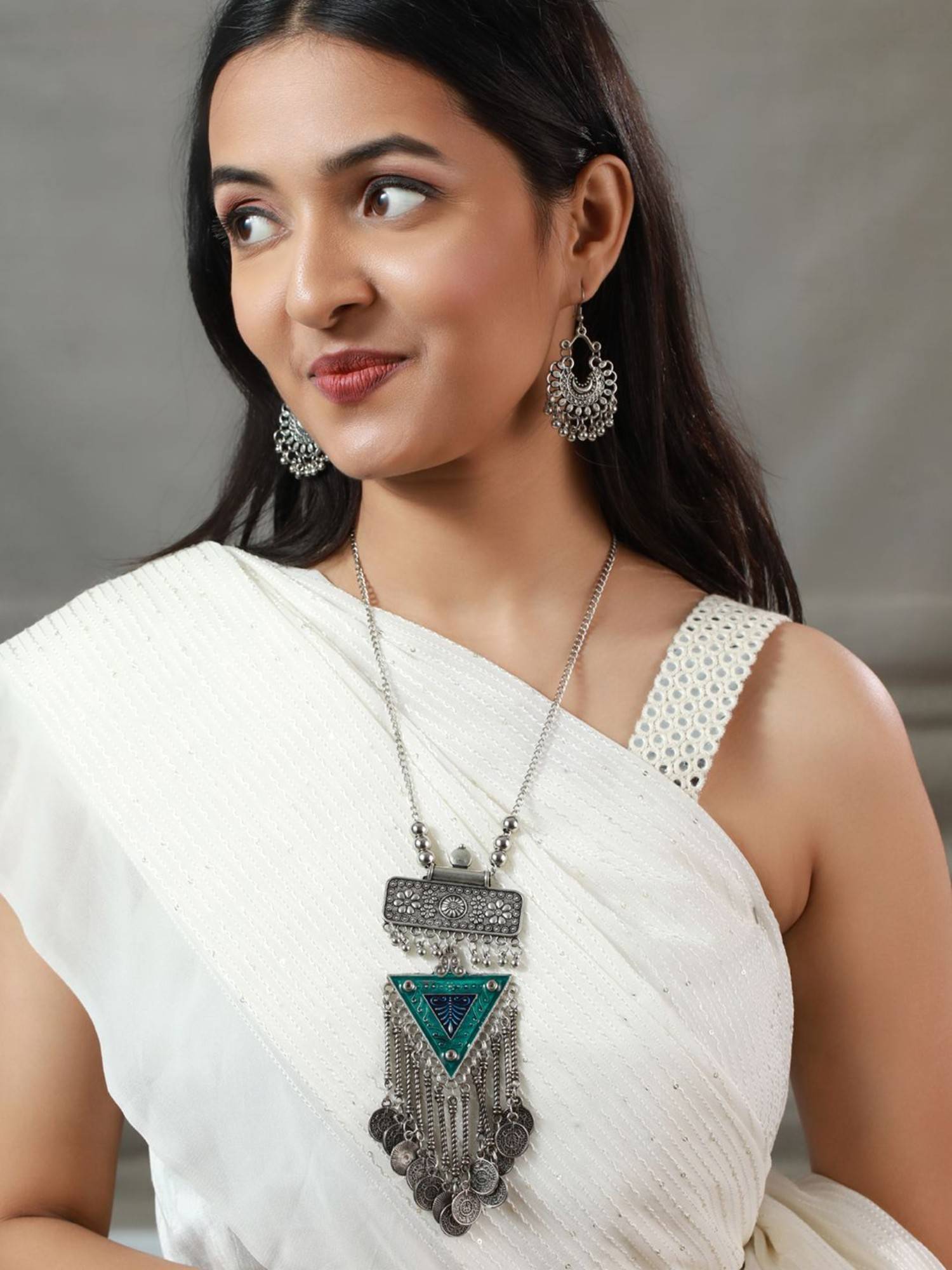 Buy Priyaasi Oxidised Silver Geometric Coin Tassel Jewellery (Set