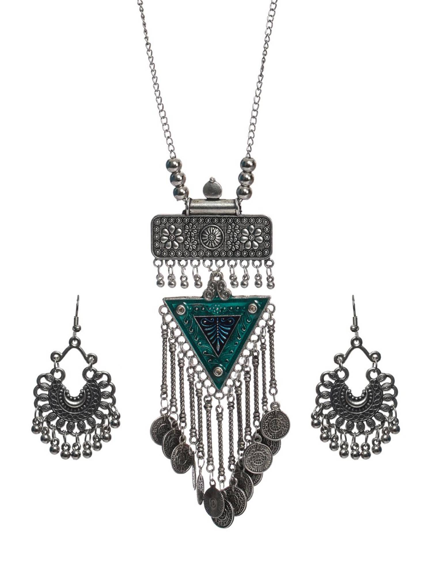 Buy Priyaasi Oxidised Silver Geometric Coin Tassel Jewellery (Set