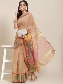 ISHIN - Womens Cotton Blend Beige Solid Woven Pochampally Saree with Unstitched Blouse