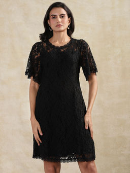 Cream - Crkit Lace Black Self Design Knee Length Dress