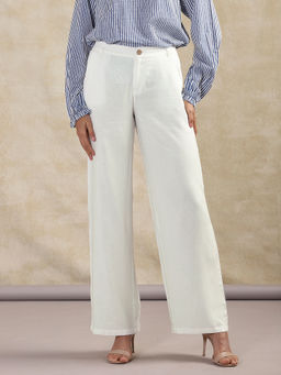 Cream - Crventa White Solid/Plain Trousers And Pants