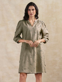 Cream - CROlivia Brown Embroidered Knee Length Dress