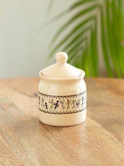 ExclusiveLane - Art Of Warli' Multi-Purpose Ceramic Pickle & Chutney Jar (280 ml)