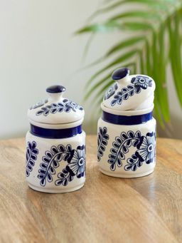 ExclusiveLane - Mughal Floral' Multi-Purpose Storage Jars Blue In Ceramic Set (220 ml)