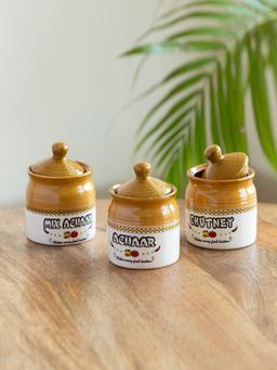 ExclusiveLane - Old Martaban' Multi-Purpose Ceramic Pickle & Chutney Jar Set (Set of 3)