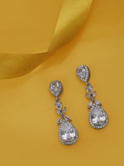 Carlton London - Premium Silver Toned Cubic Zirconia Studded Rhodium-Plated Drop Earrings
