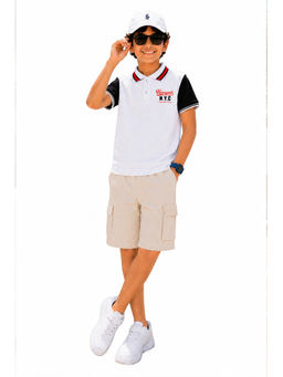 Trampoline - White Colorblock Regular Cotton Blend Polo T-Shirt and Shorts