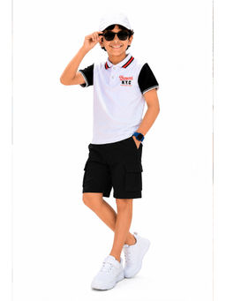 Trampoline - White Colorblock Regular Cotton Blend Polo T-Shirt and Shorts