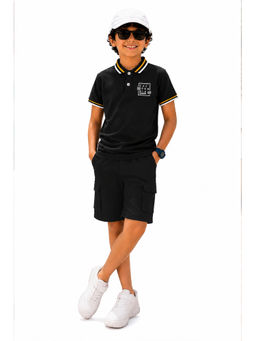 Trampoline - Black Solid Regular Cotton Blend Polo T-Shirt and Shorts