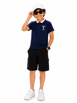 Trampoline - Navy Blue Solid Regular Cotton Blend Polo T-Shirt and Shorts