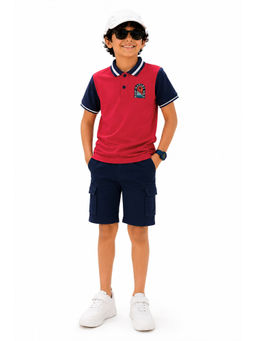 Trampoline - Red Colorblock Regular Cotton Blend Polo T-Shirt and Shorts