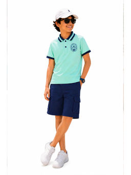 Trampoline - Blue Solid Regular Cotton Blend Polo T-Shirt and Shorts