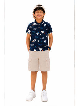 Trampoline - Navy Blue Printed Regular Cotton Blend Polo T-Shirt and Shorts