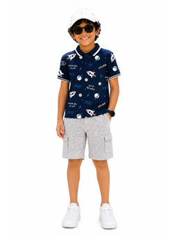 Trampoline - Navy Blue Printed Regular Cotton Blend Polo T-Shirt and Shorts
