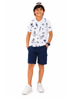 Trampoline - White Printed Regular Cotton Blend Polo T-Shirt and Shorts