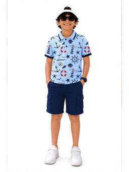 Trampoline - Blue Printed Regular Cotton Blend Polo T-Shirt and Shorts