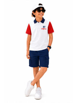 Trampoline - White Colorblock Regular Cotton Blend Polo T-Shirt and Shorts