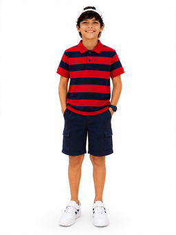 Trampoline - Red Stripes Regular Cotton Blend Polo T-Shirt and Shorts