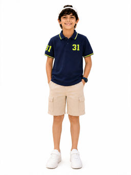 Trampoline - Navy Blue Solid Regular Cotton Blend Polo T-Shirt and Shorts