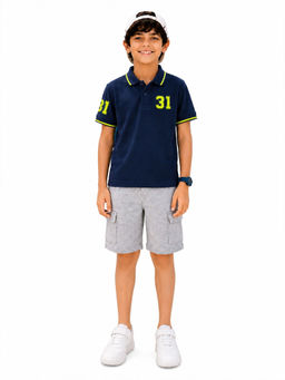 Trampoline - Navy Blue Solid Regular Cotton Blend Polo T-Shirt and Shorts
