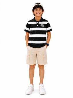 Trampoline - Black Stripes Regular Cotton Blend Polo T-Shirt and Shorts