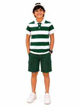 Trampoline - Green Stripes Regular Cotton Blend Polo T-Shirt and Shorts
