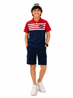 Trampoline - Red Stripes Regular Cotton Blend Polo T-Shirt and Shorts