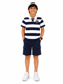 Trampoline - Navy Blue Stripes Regular Cotton Blend Polo T-Shirt and Shorts