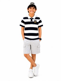 Trampoline - Navy Blue Stripes Regular Cotton Blend Polo T-Shirt and Shorts