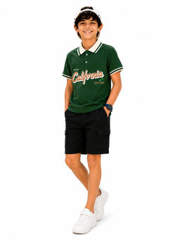 Trampoline - Green Printed Regular Cotton Blend Polo T-Shirt and Shorts