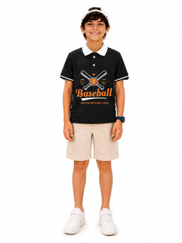 Trampoline - Black Printed Regular Cotton Blend Polo T-Shirt and Shorts