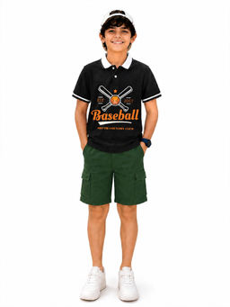 Trampoline - Black Printed Regular Cotton Blend Polo T-Shirt and Shorts