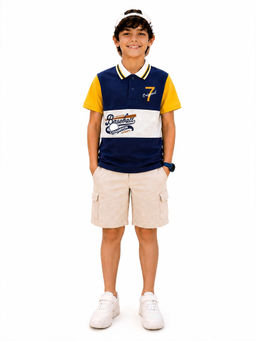 Trampoline - Navy Blue Colorblock Regular Cotton Blend Polo T-Shirt and Shorts