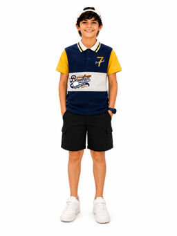 Trampoline - Navy Blue Colorblock Regular Cotton Blend Polo T-Shirt and Shorts