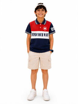 Trampoline - Navy Blue Colorblock Regular Cotton Blend Polo T-Shirt and Shorts