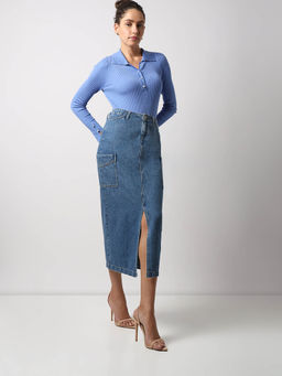 VERO MODA - Blue Solid Midi Skirt