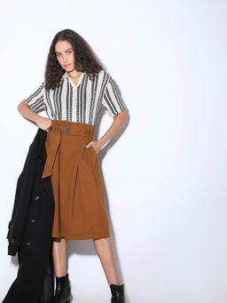 VERO MODA - Brown Solid Knee Length Skirt with Belt (Set of 2)