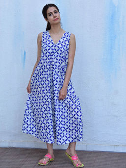 Chidiyaa - Rain Dancing Whispering Breezes Hand Block Printed Cotton Blue Maxi Dress