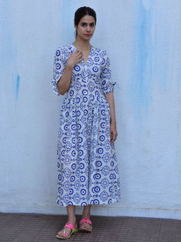 Chidiyaa - Rain Dancing Petals Hand Block Printed Cotton Blue Maxi Dress