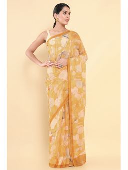 Soch - Women Yellow Chiffon Floral Saree with Unstitched Blouse