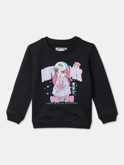 R&B - Girls Cotton Black Round Neck Sweatshirt