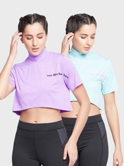 Clovia - Comfort Fit Text Print Turtleneck Active Crop Top Multi-Color (Pack of 2)