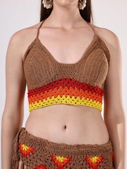 Velvery - Brown Bohemian Crochet Halter Neck Bralette