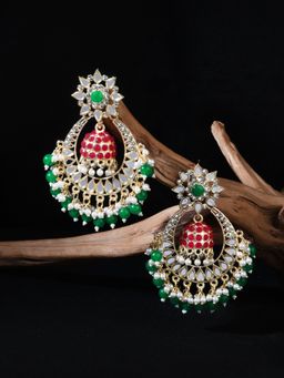 Fida - Wedding Gold Plated Red and Green Stone Chandbali Earrings For Women