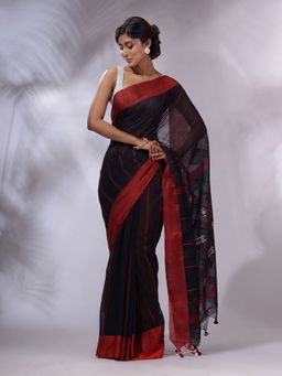 CHARUKRITI - Black Cotton Hand spun Handwoven Saree with Unstitched Blouse and Stripe Design