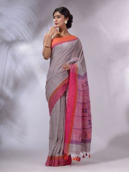CHARUKRITI - Light Grey Cotton Hand spun Handwoven Saree with Unstitched Blouse and Stripe Design