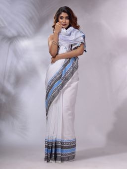CHARUKRITI - White Cotton Handwoven Saree with Unstitched Blouse and Texture Borders