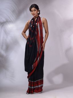 CHARUKRITI - Black Cotton Handwoven Saree with Unstitched Blouse and Texture Borders
