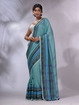 CHARUKRITI - Sea Green Cotton Handwoven Saree with Unstitched Blouse and Texture Borders