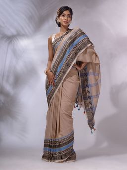 CHARUKRITI - Beige Cotton Handwoven Saree with Unstitched Blouse and Texture Borders